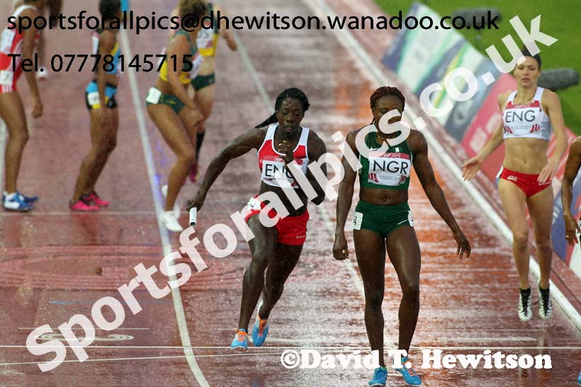 England dodging athlete in the 4 x 400 metres at the Commonwealth Games, Glasgow. Photo: David T. Hewitson/Sports for All Pics